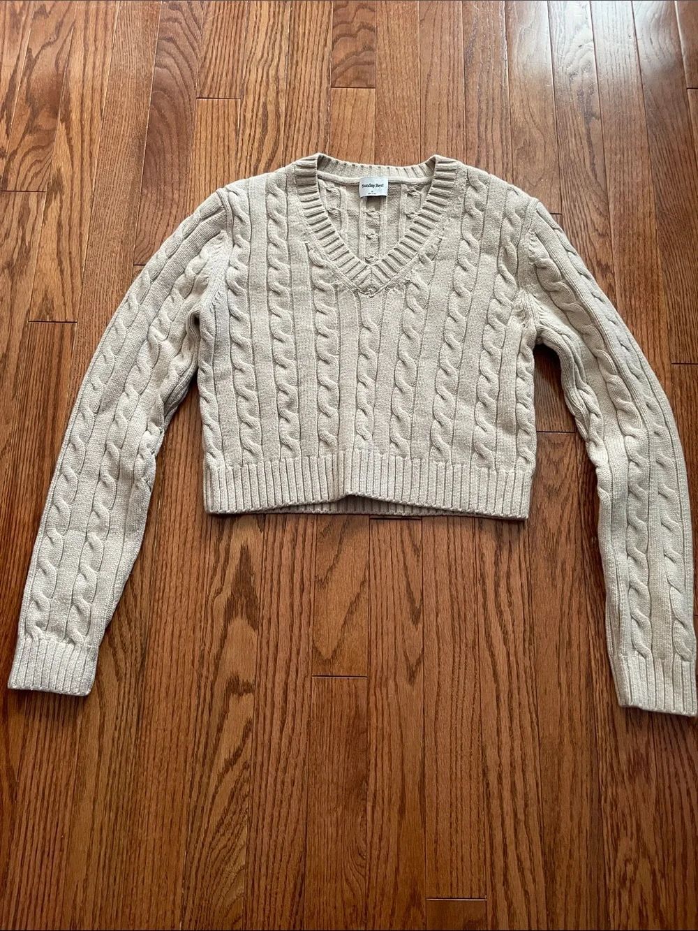Sunday Best Moss Beige VNeck Cable Knit Cropped Sweater Women’s Sz Medium